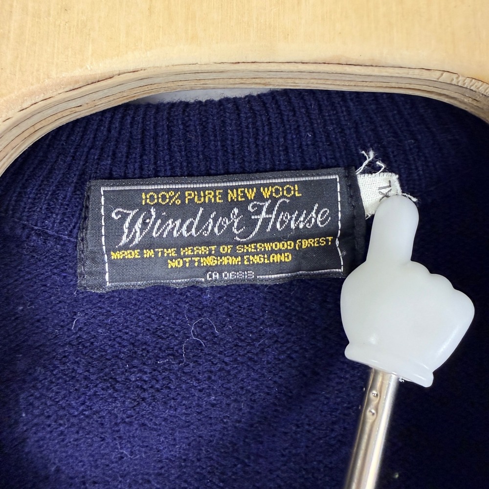 Windsor House Mens Navy Blue Wool Cardigan Sweater Striped Trim England XL - Picture 6 of 7